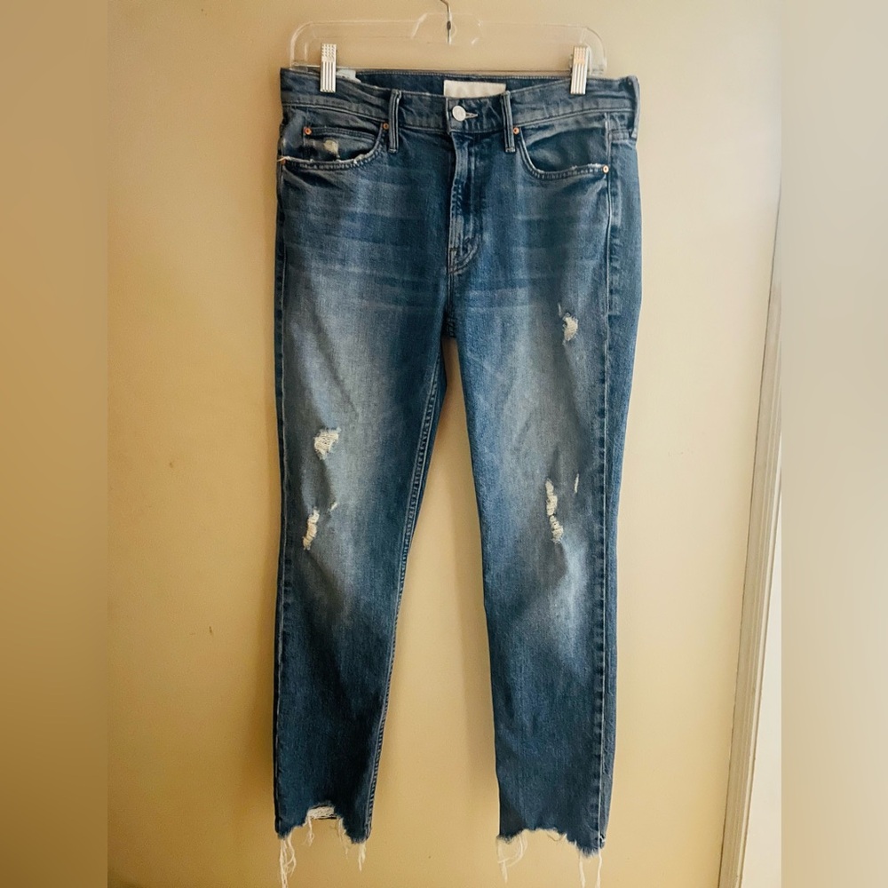 MOTHER Blue Ankle Cropped Distressed Jeans